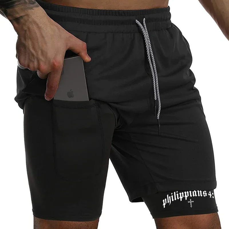 Men's BiBible patterned two-in-one sports shorts Christian fitness training mobile phone pocket running
