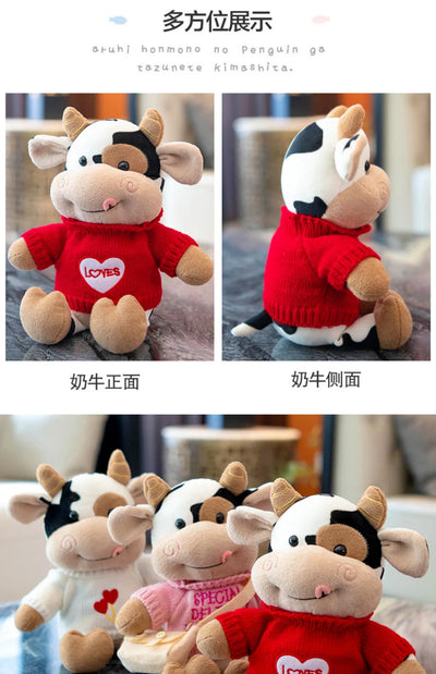 26CM Simulation Cattle Animals Plush Toys Cartoon Milk Cow Plush Doll Soft Stuffed Sweater Cow Pillow Home Decoration Toy