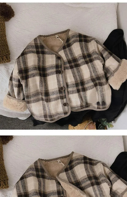 Woolen Plaid Children's Plush Coat Korean Version Autumn and Winter New Boys' and Girls' Coats Loose Baby Cotton Padded Clothes