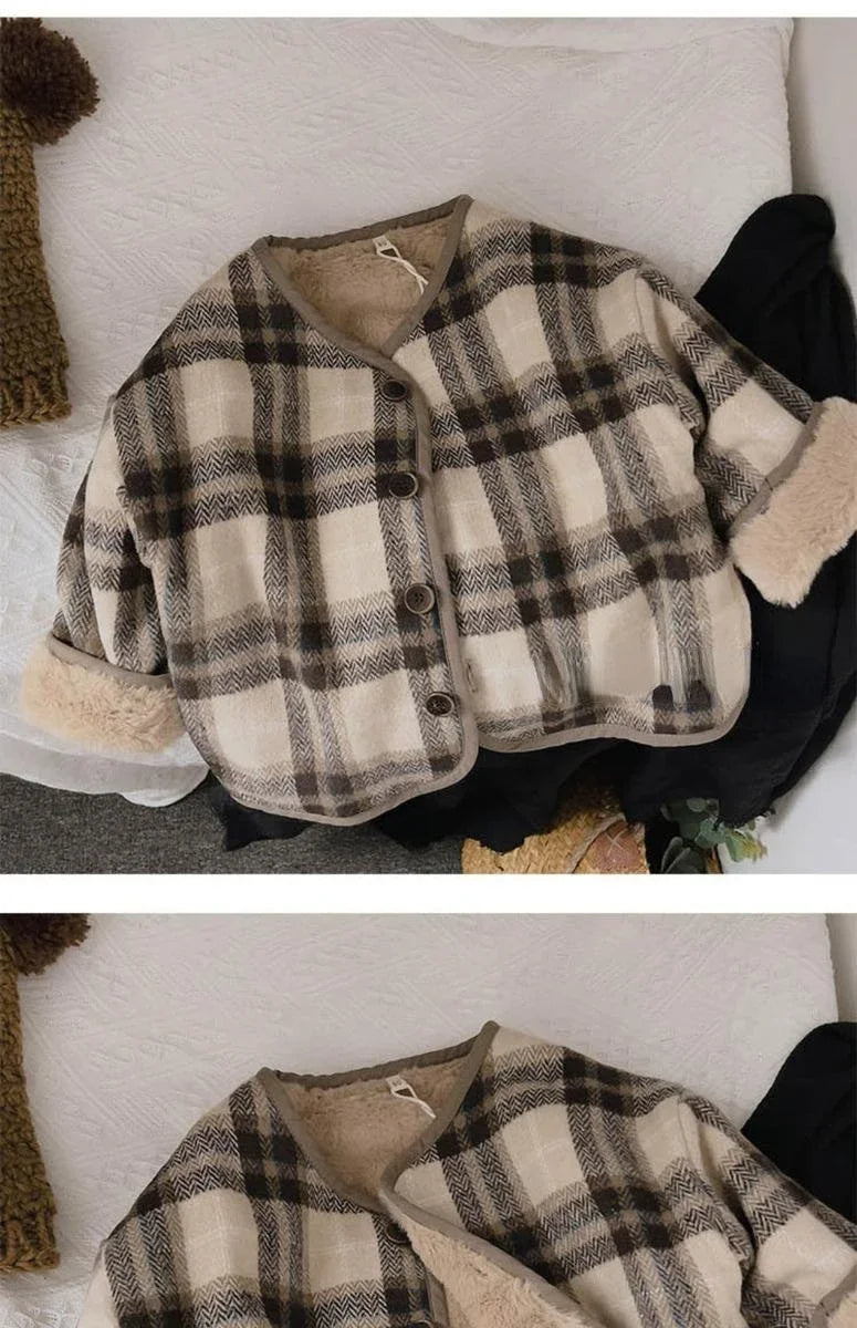 Woolen Plaid Children's Plush Coat Korean Version Autumn and Winter New Boys' and Girls' Coats Loose Baby Cotton Padded Clothes