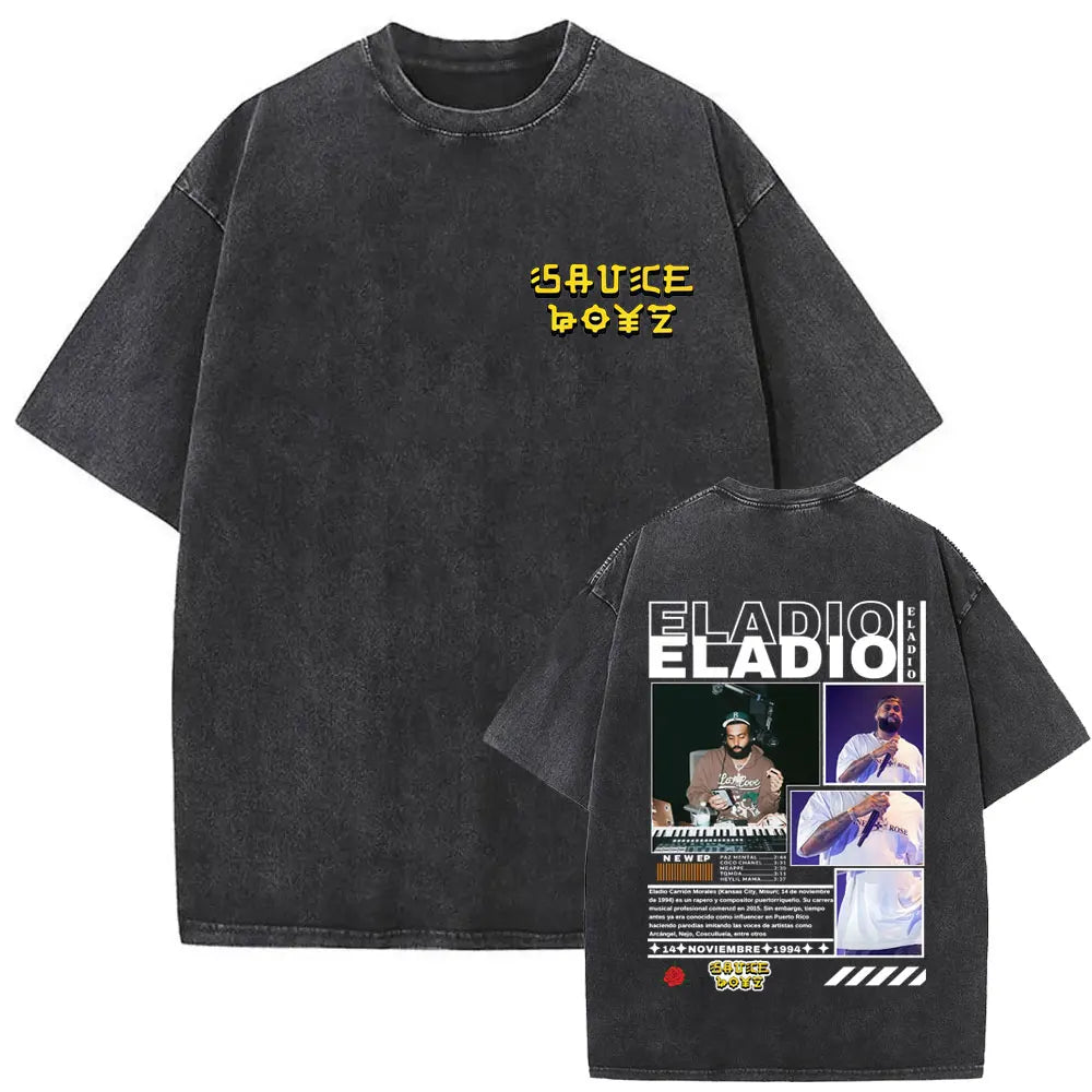 Limited Rapper Eladio Carrion Album Cover Washed Vintage T-shirt Summer Men Women Hip Hop Oversized Street Crewneck T Shirt Tops