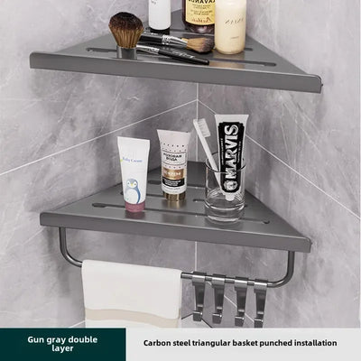 Bathroom Stainless Triangle Drain Shelf No Drilling Wall Mounted Cosmetic and Toiletries Carbon Steel Shelf with Hooks Holder