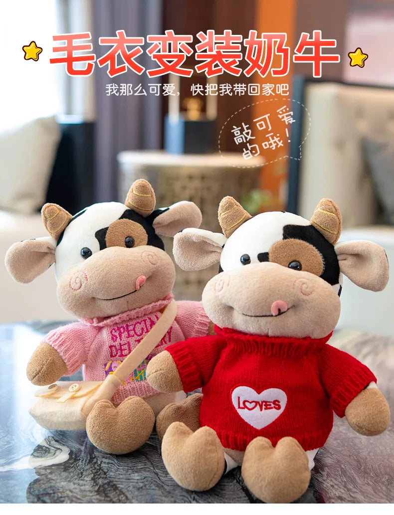 26CM Simulation Cattle Animals Plush Toys Cartoon Milk Cow Plush Doll Soft Stuffed Sweater Cow Pillow Home Decoration Toy
