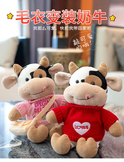 26CM Simulation Cattle Animals Plush Toys Cartoon Milk Cow Plush Doll Soft Stuffed Sweater Cow Pillow Home Decoration Toy