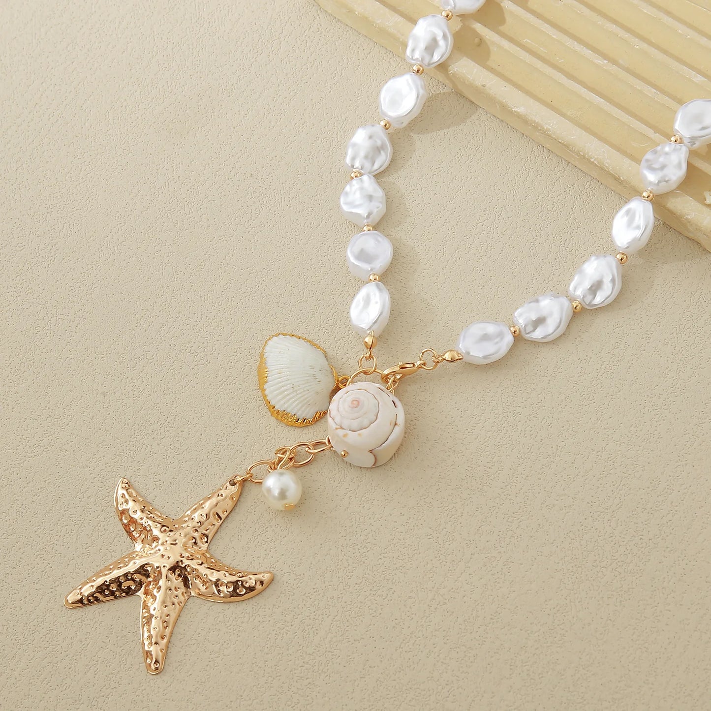 MHS.SUN Summer Shell Starfish Conch Pendant Necklace for Women Bohemian Metal Gold Color Chic Beach Jewelry Vacation Party Gift