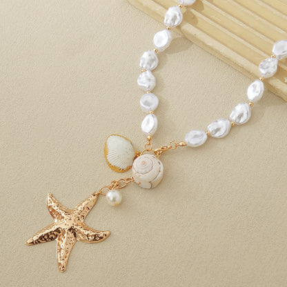 MHS.SUN Summer Shell Starfish Conch Pendant Necklace for Women Bohemian Metal Gold Color Chic Beach Jewelry Vacation Party Gift