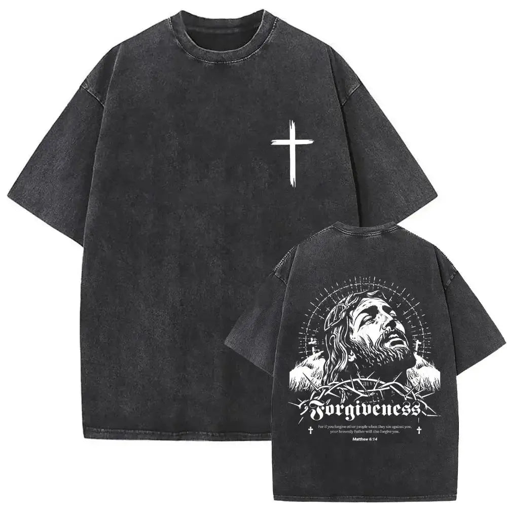 Christian Religious Jesus Forgive Them Father Vintage Washed Y2k Tshirt Men Clothing New in Top & Tees Mens T-Shirt 61327
