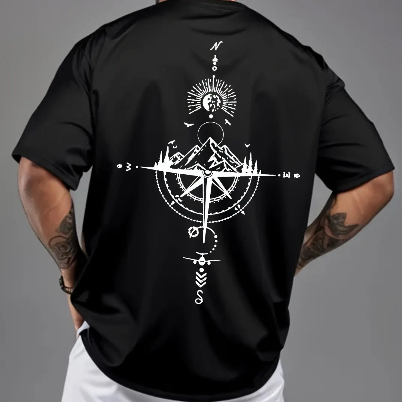 Summer men's 100% pure cotton casual sports loose oversized retro compass printed comfortable round neck short sleeved T-shirt