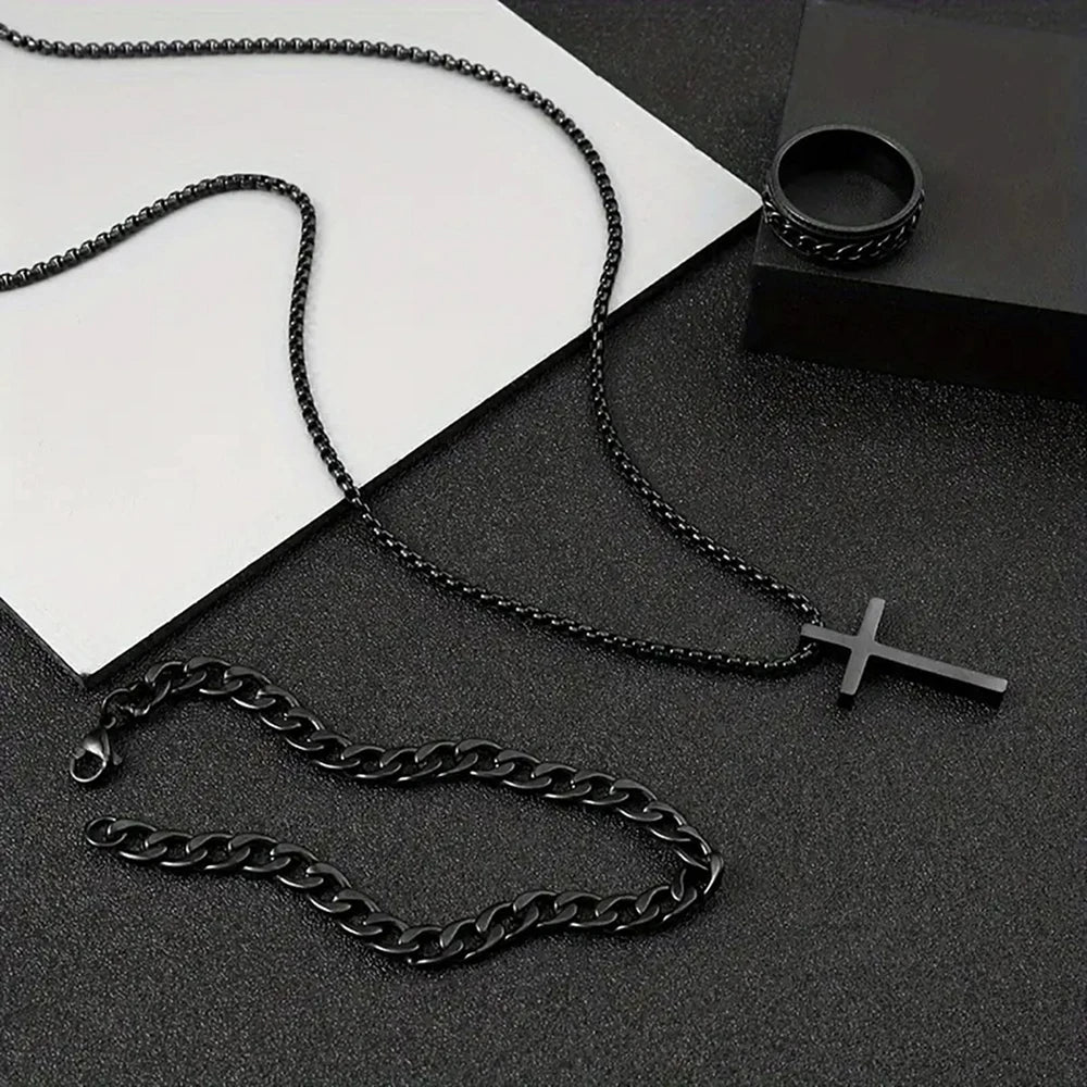 3pcs Set Men's Stainless Steel Metal Cross Pendant Chain Necklace Bracelet Ring Jewelry Set Male Hip Hop Daily Wear Accessories