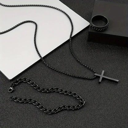3pcs Set Men's Stainless Steel Metal Cross Pendant Chain Necklace Bracelet Ring Jewelry Set Male Hip Hop Daily Wear Accessories