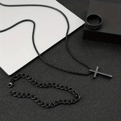 3pcs Set Men's Stainless Steel Metal Cross Pendant Chain Necklace Bracelet Ring Jewelry Set Male Hip Hop Daily Wear Accessories