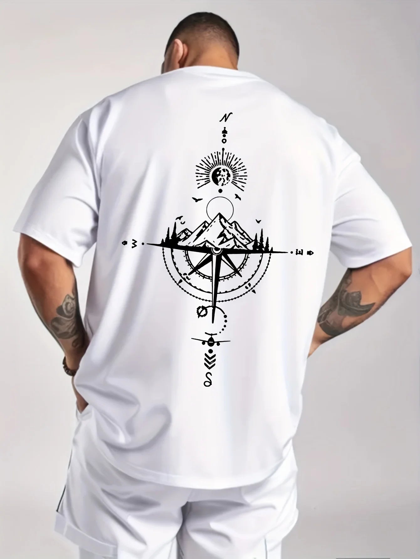 Summer men's 100% pure cotton casual sports loose oversized retro compass printed comfortable round neck short sleeved T-shirt