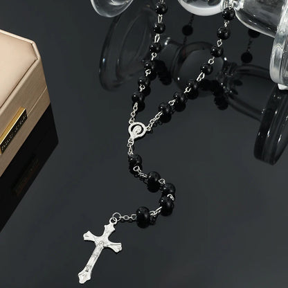 1pcs Handmade Necklace Ladies Imitation Vintage Style Pearl Rosary Beads With Cross Pendant Jewelry