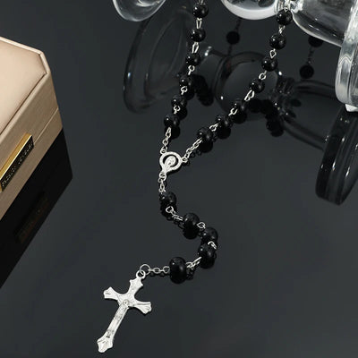 1pcs Handmade Necklace Ladies Imitation Vintage Style Pearl Rosary Beads With Cross Pendant Jewelry