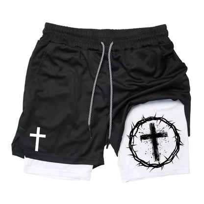 Summer New Cross Bible Printed Shorts: Unisex Double-Layer 2-in-1 Quick-Dry Sports & Fitness Pants, Beach Shorts RL10006