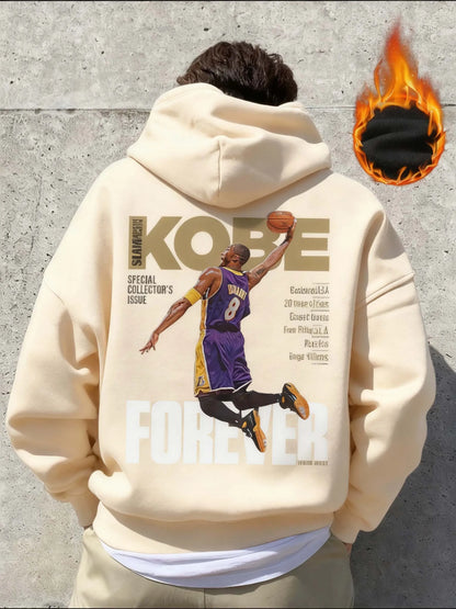 Men's Casual Basketball English Print Thermal Lined Hoodie, Autumn/Winter