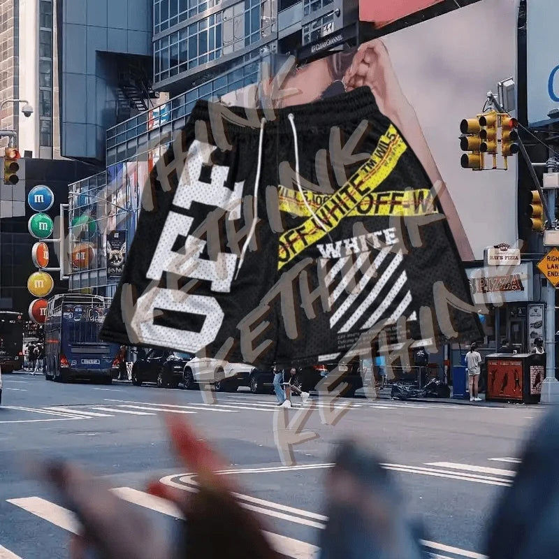 Summer New Men's Quick-Drying Sports Shorts Letter Stripe Print Mesh Drawstring Shorts Comfortable Casual Sports Street Shorts