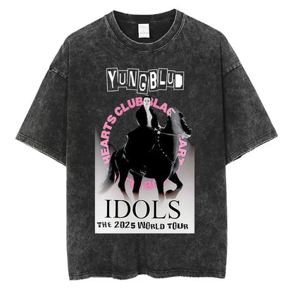 Washed Vintage Rocker Yungblud IDOLS Album Tour Double Sided Print T-shirts Men Women Fashion Hip Hop Rock Short Sleeve T Shirts