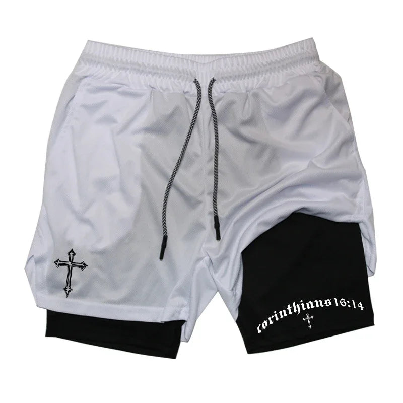 Men's BiBible patterned two-in-one sports shorts Christian fitness training mobile phone pocket running