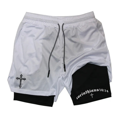 Men's BiBible patterned two-in-one sports shorts Christian fitness training mobile phone pocket running