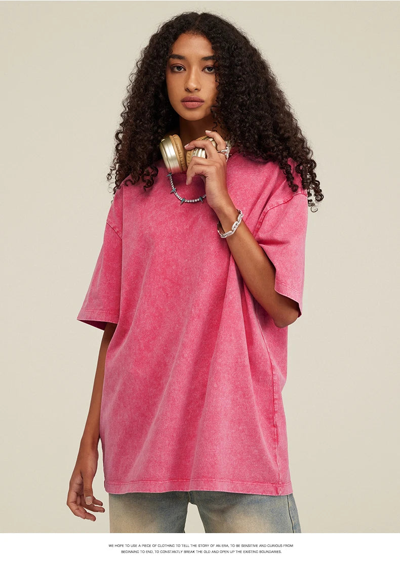 Customized logo T-shirt, handmade image oversized T-shirt, heavy washed retro T-shirt, hip-hop style casual wear, 100% pure cott