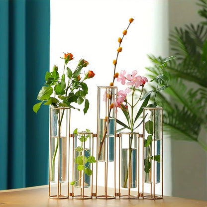 Test Tube Vase with 5 Test Tubes, Gold Vase for Centerpiece, Gold Vase with Metal Stand, Glass Vase for Wedding Home Decoration