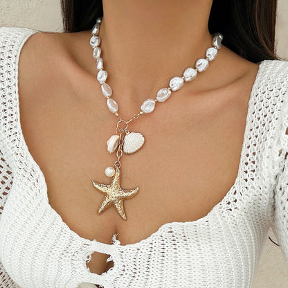 MHS.SUN Summer Shell Starfish Conch Pendant Necklace for Women Bohemian Metal Gold Color Chic Beach Jewelry Vacation Party Gift