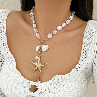 MHS.SUN Summer Shell Starfish Conch Pendant Necklace for Women Bohemian Metal Gold Color Chic Beach Jewelry Vacation Party Gift