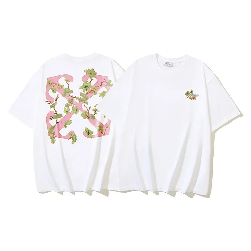 2024 Spring Summer New Style OW Green Leaf Arrow Pattern Round Neck Pullover Short Sleeves Men Women's Same Model Wholesale