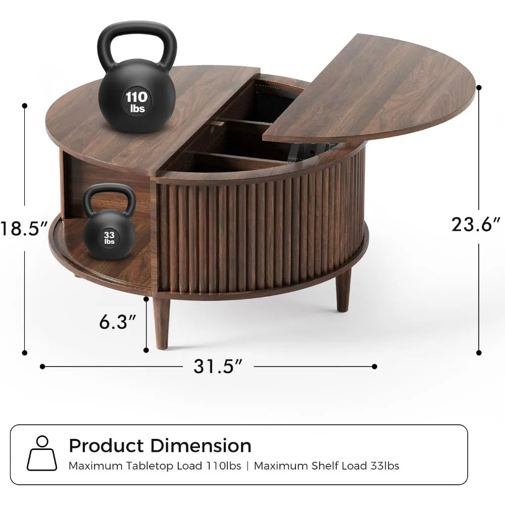 Round Coffee Table with Storage, Fluted Lift Top Coffee Table for Living Room, 31.5 Mid Century Modern Center Table with Sliding
