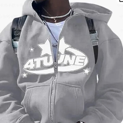 New Clothes Star Letter Print Retro Oversized Hoodie Women Y2K Street Hip-Hop Color Harajuku Casual Zipper Women Sweatshirt