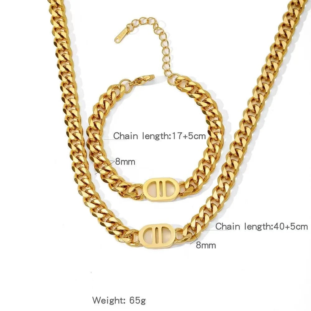 1 Stylish Double D Chain Stainless Steel Necklace and Bracelet Set, Unisex Style, High-end Elegant Party Celebration Accessories