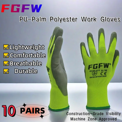 10 Pairs PU Coated Work Gloves – Lightweight, Durable Safety Gloves (EN 388/ISO20471 Certified)