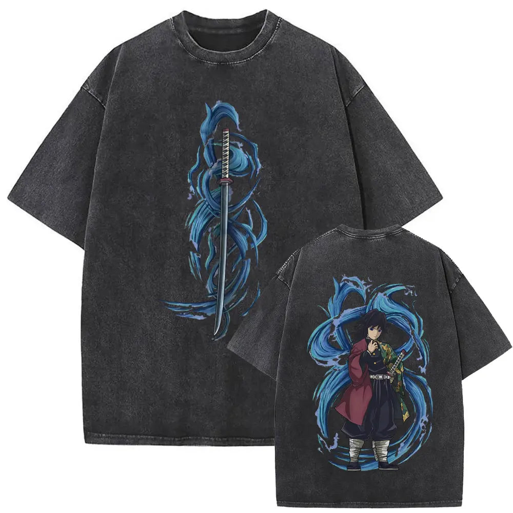 Washed Vintage Anime Demon Slayer Akaza Butterfly Eyes Graphic T Shirts Men Women Cartoon Manga Merch T-shirt Male Cotton Tshirt