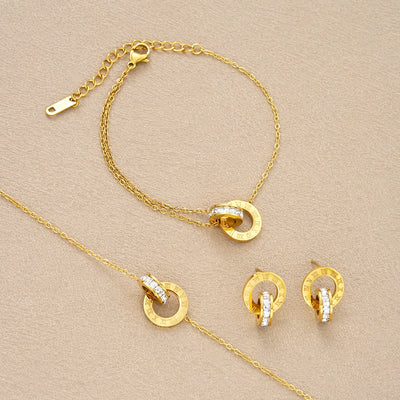 4Pcs/Set Gold Color Stainless Steel Crystal Necklace Bracelet Earrings for Women Interlocking Circles Roman Numbers Jewelry Sets