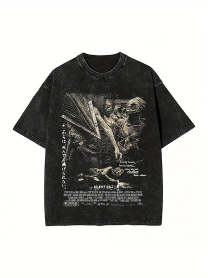 Silent Hill Washed T Shirt Streetwear Hip Hop Vintage T-Shirts Horror Movie Game Tees Tops Men Women Cotton Harajuku Printed