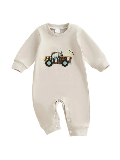 Adorable Toddler Dinosaur Print Hooded Romper Cozy Long Sleeve Jumpsuit for Baby Boys Cute Fall Outfit