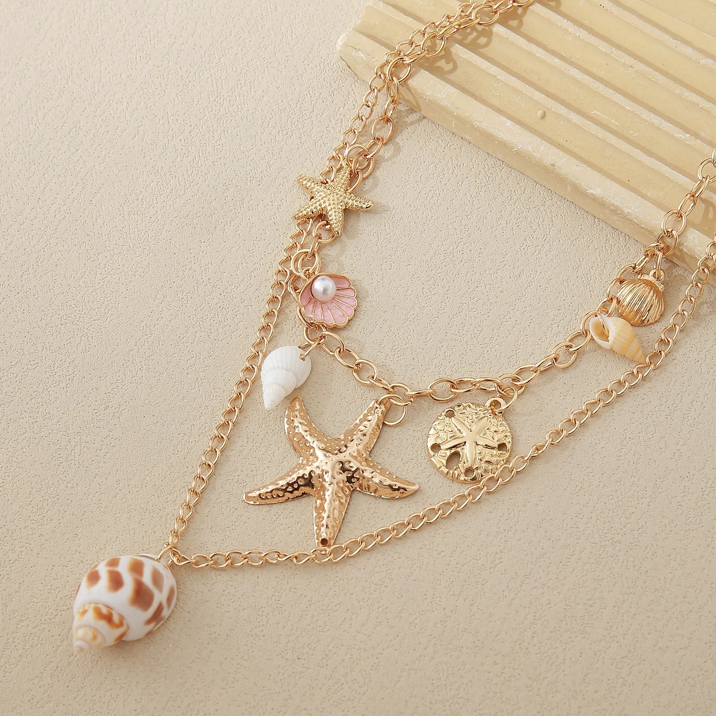 MHS.SUN Summer Shell Starfish Conch Pendant Necklace for Women Bohemian Metal Gold Color Chic Beach Jewelry Vacation Party Gift