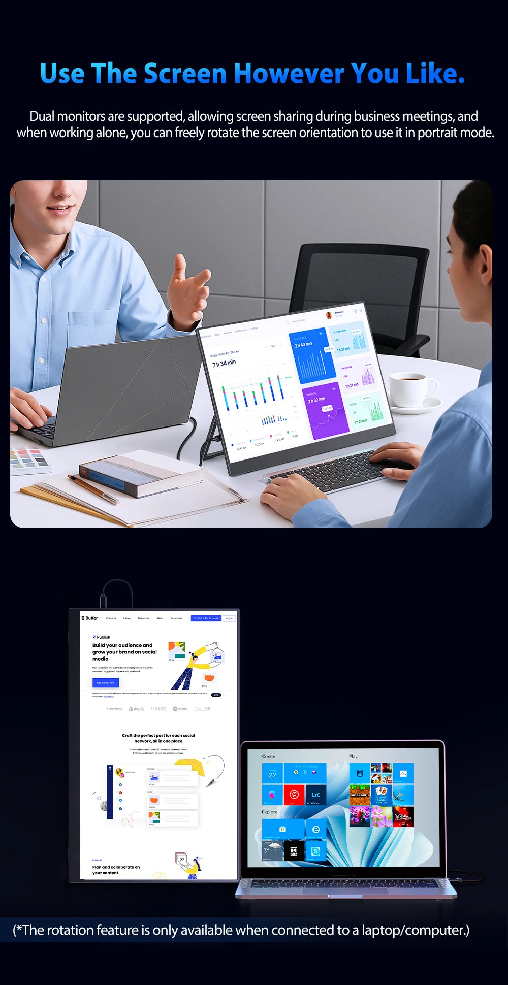 UPERFECT 16" 2K 240Hz Portable Monitor 100%DCI-P3 16:10 HDR FreeSync IPS Eye Care External Gaming Display For PC XBox PS5 Switch