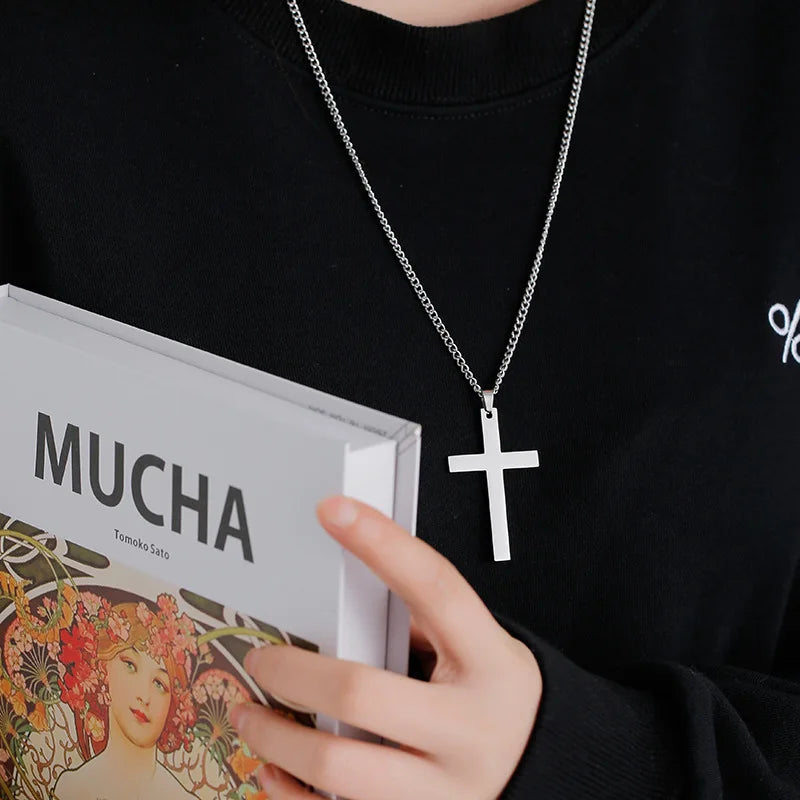 Fashion Stainless Steel Cross Pendant Necklace Unisex Punk Hip Hop Link Chain Charm Jewelry for Boys Girls Cool Gift