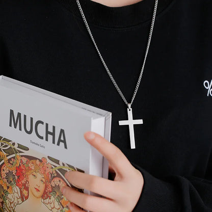Fashion Stainless Steel Cross Pendant Necklace Unisex Punk Hip Hop Link Chain Charm Jewelry for Boys Girls Cool Gift