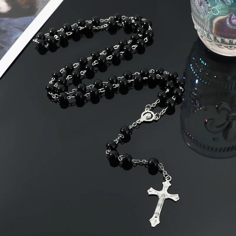 1pcs Handmade Necklace Ladies Imitation Vintage Style Pearl Rosary Beads With Cross Pendant Jewelry