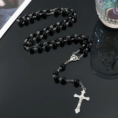 1pcs Handmade Necklace Ladies Imitation Vintage Style Pearl Rosary Beads With Cross Pendant Jewelry