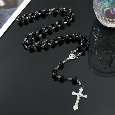 1pcs Handmade Necklace Ladies Imitation Vintage Style Pearl Rosary Beads With Cross Pendant Jewelry