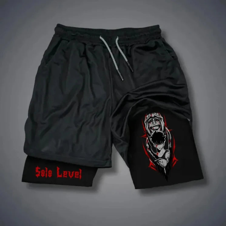 New Black Comic Solo Leveling Print Summer Men's Training Fitness Shorts Street Breathable Sweat-absorbing Double Shorts