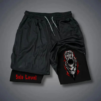 New Black Comic Solo Leveling Print Summer Men's Training Fitness Shorts Street Breathable Sweat-absorbing Double Shorts