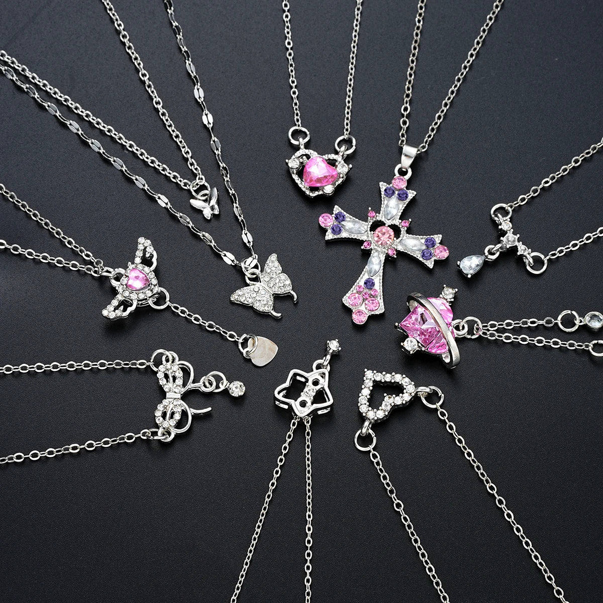 9 Pcs Women's Elegant Zircon Pendants Necklace Set Fashion Pink Color Cross Butterfly Heart Bowknot Necklaces Party Jewelry Gift