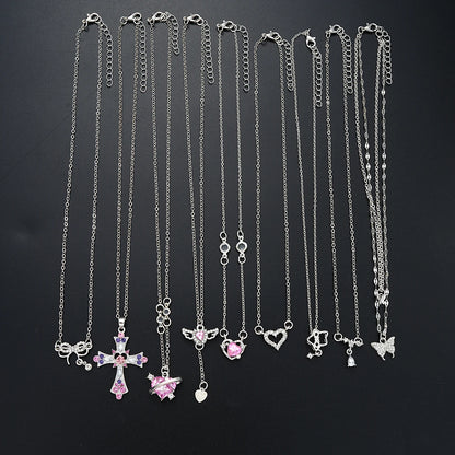 9 Pcs Women's Elegant Zircon Pendants Necklace Set Fashion Pink Color Cross Butterfly Heart Bowknot Necklaces Party Jewelry Gift