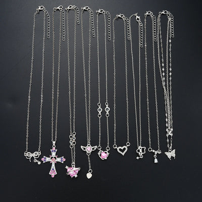 9 Pcs Women's Elegant Zircon Pendants Necklace Set Fashion Pink Color Cross Butterfly Heart Bowknot Necklaces Party Jewelry Gift
