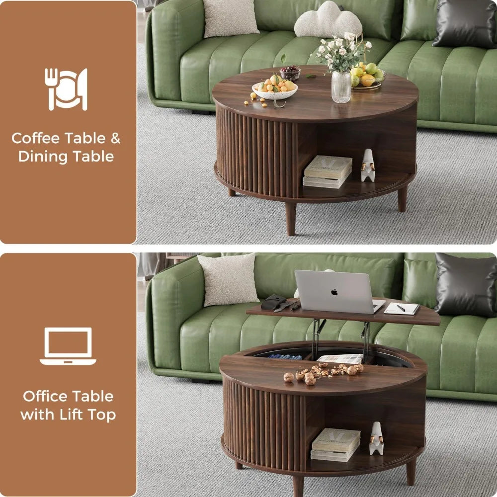 Round Coffee Table with Storage, Fluted Lift Top Coffee Table for Living Room, 31.5 Mid Century Modern Center Table with Sliding